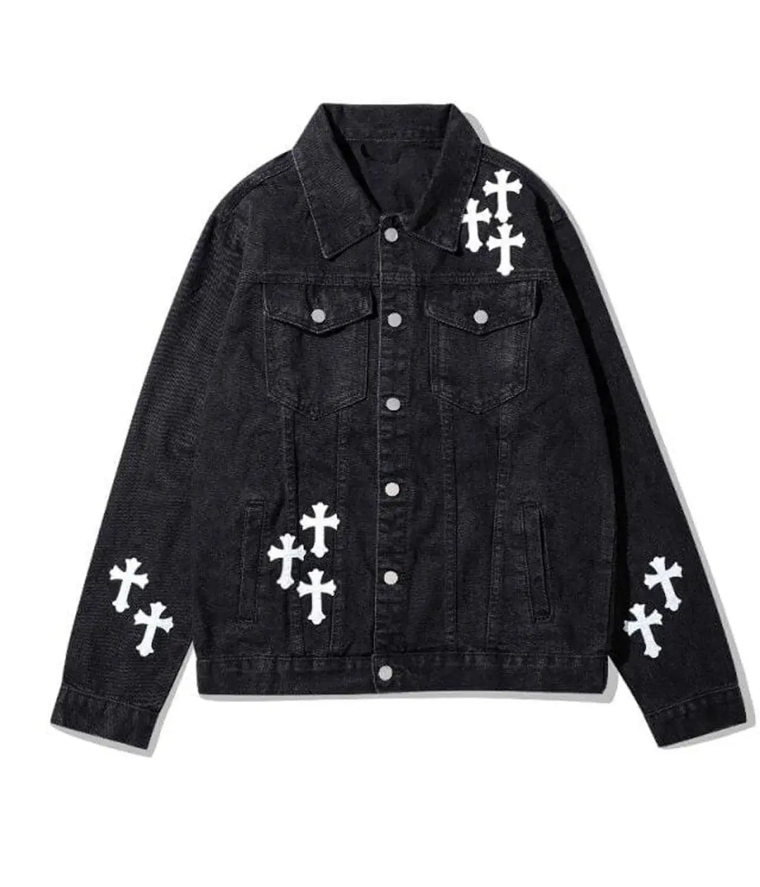 Front view of a black denim jacket  featuring white cross
