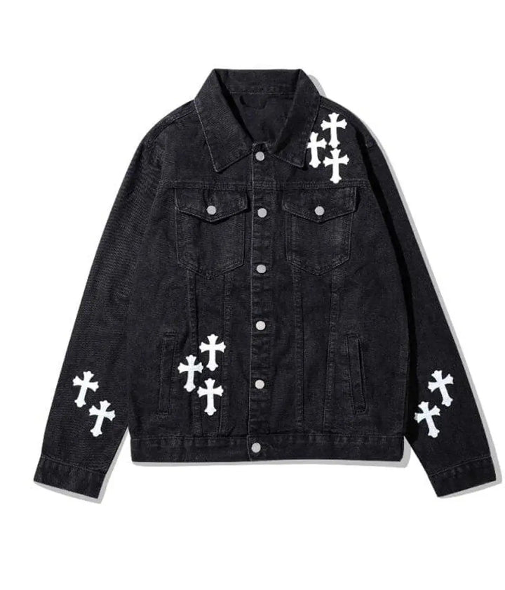 Front view of a black denim jacket  featuring white cross