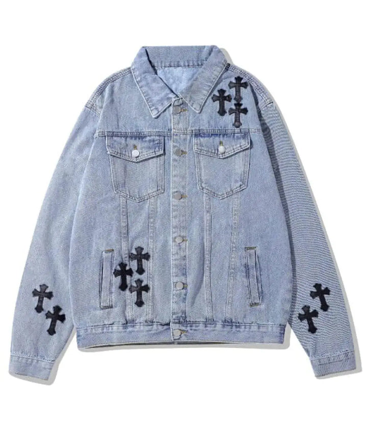 Front view of a blue denim jacket, featuring black cross 