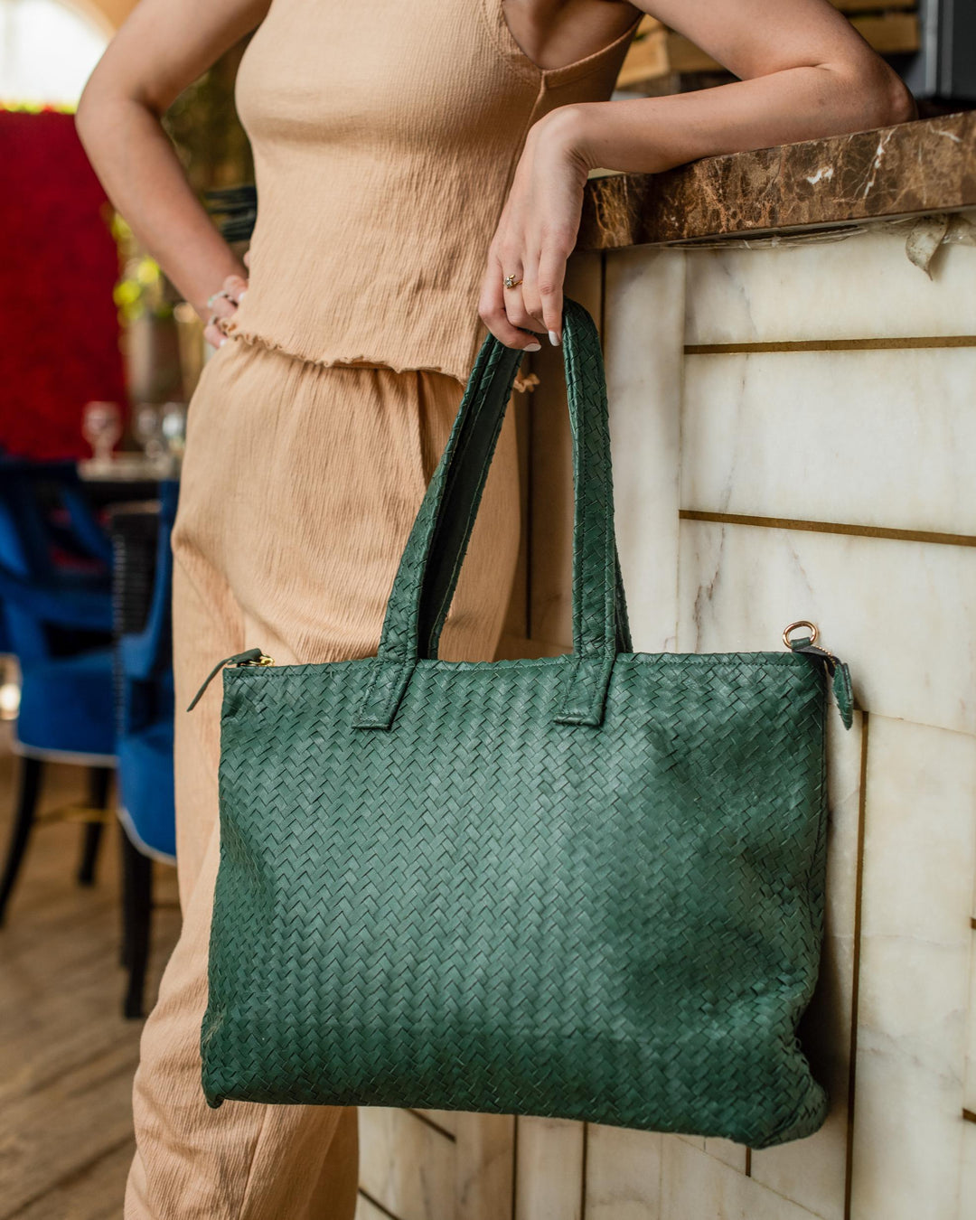 Handmade Woven Original Leather Bag With Zipper-Green - Image 4