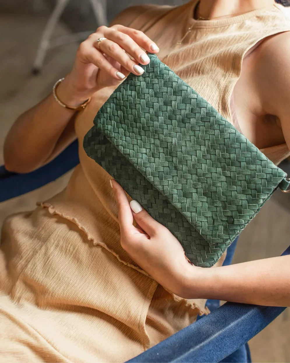 Woven Dreams Fold Over Cross Body Leather Clutch