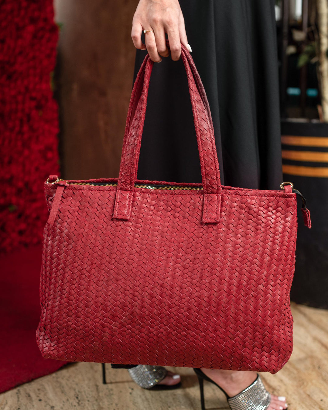 Handmade Woven Original Leather Bag With Zipper-Red - Image 4