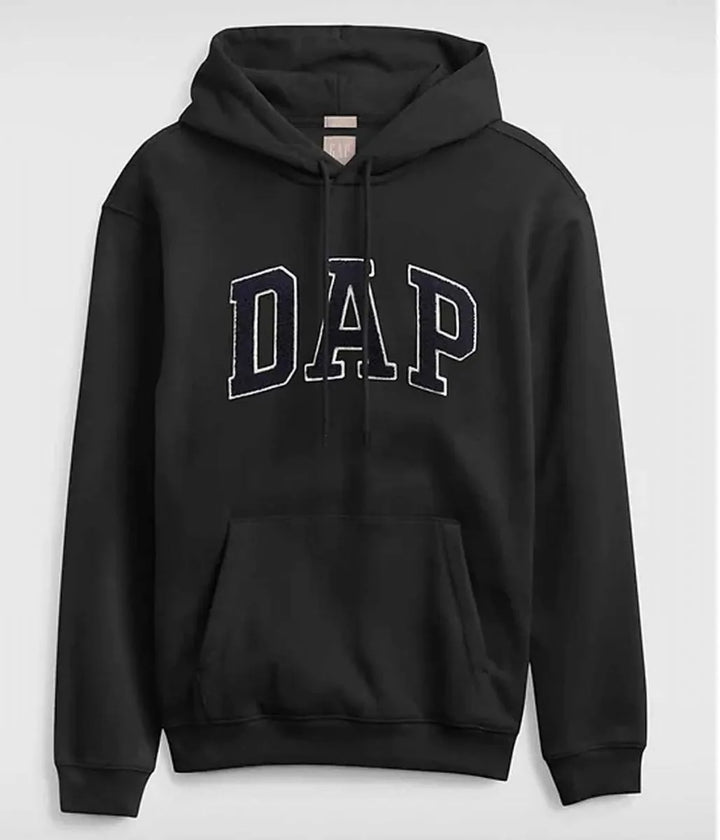 Front view of black pullover hoodie, featuring 'DAP' text