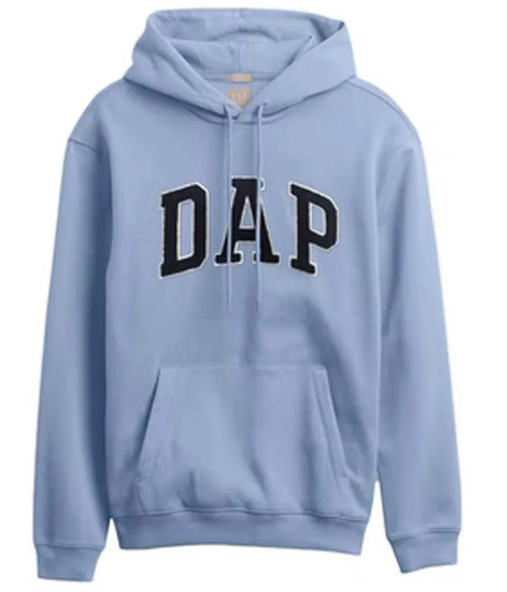 Front view of blue pullover hoodie, featuring 'DAP' text 