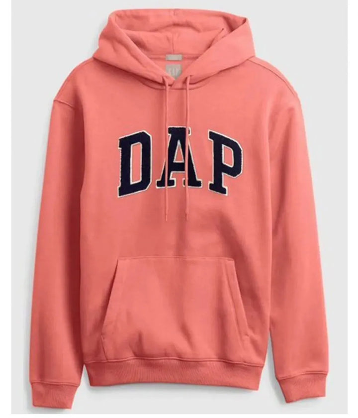 Front view of a pink pullover hoodie, featuring 'DAP' text
