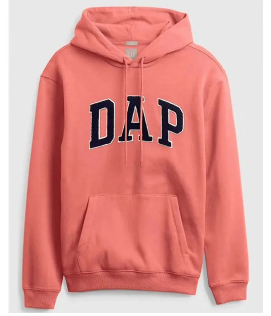 Front view of a pink pullover hoodie, featuring 'DAP' text