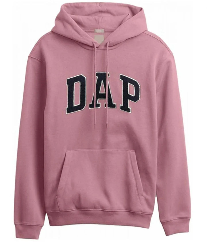 Front view of a plum hoodie, featuring 'DAP' text