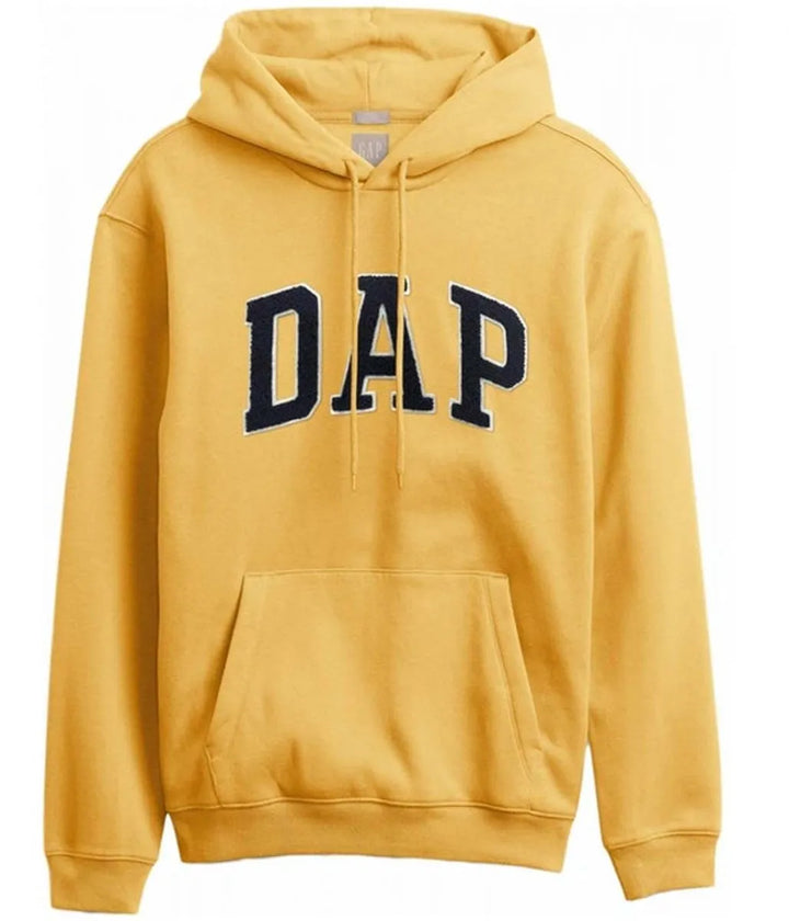 Front view of a yellow pullover hoodie, 'DAP' text 