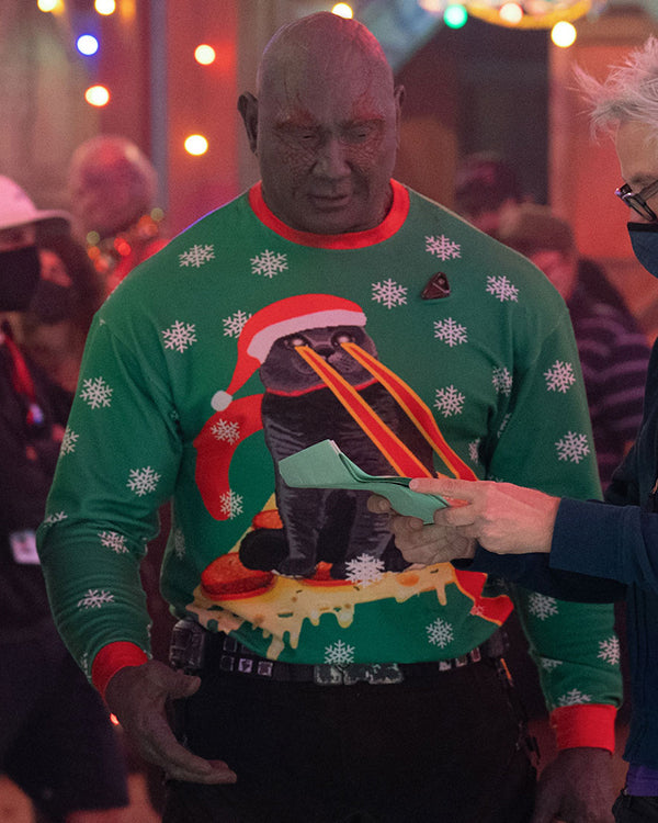 Front View of Dave Bautista GOTG Holiday Special Drax Sweater