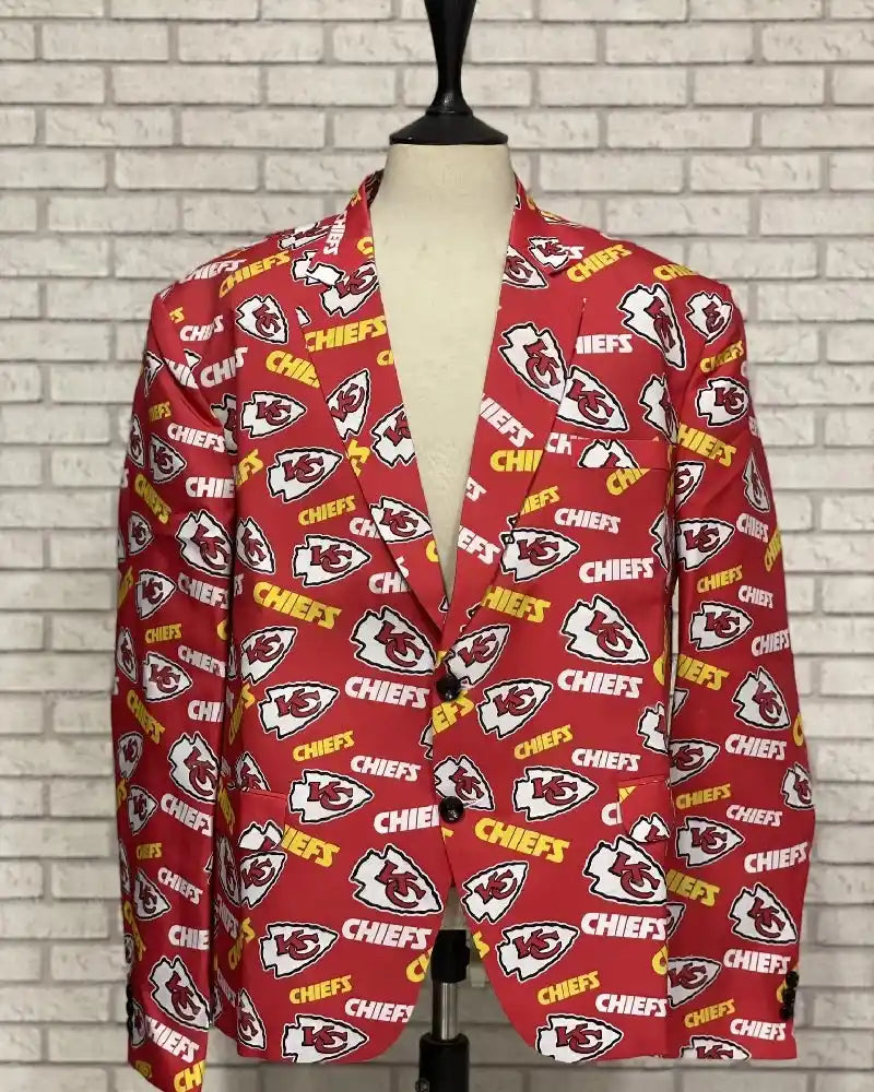 Kansas City Chiefs Blazer front product view, red fabric covered with Chiefs logos