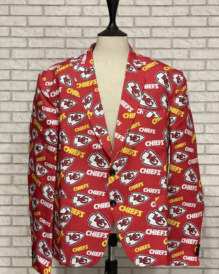 Kansas City Chiefs Blazer front product view, red fabric covered with Chiefs logos