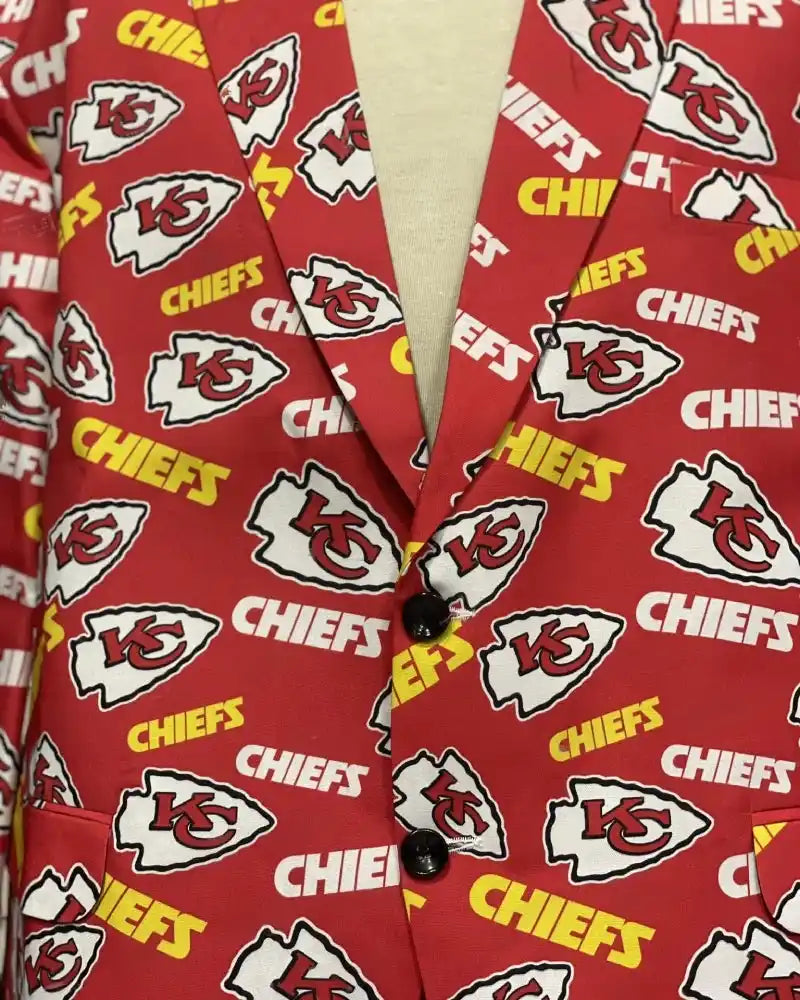 Kansas City Chiefs Blazer front close-up  red logo pattern, black buttons