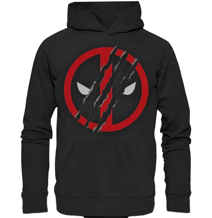 Black hoodie with red Deadpool logo slashed by Wolverine claw.