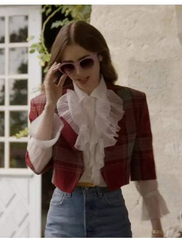 Front View of Emily In Paris Emily Cooper Cropped Jacket