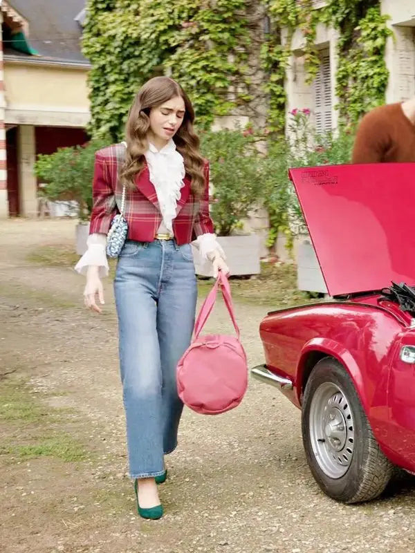 Full View of Emily In Paris Emily Cooper Plaid Jacket