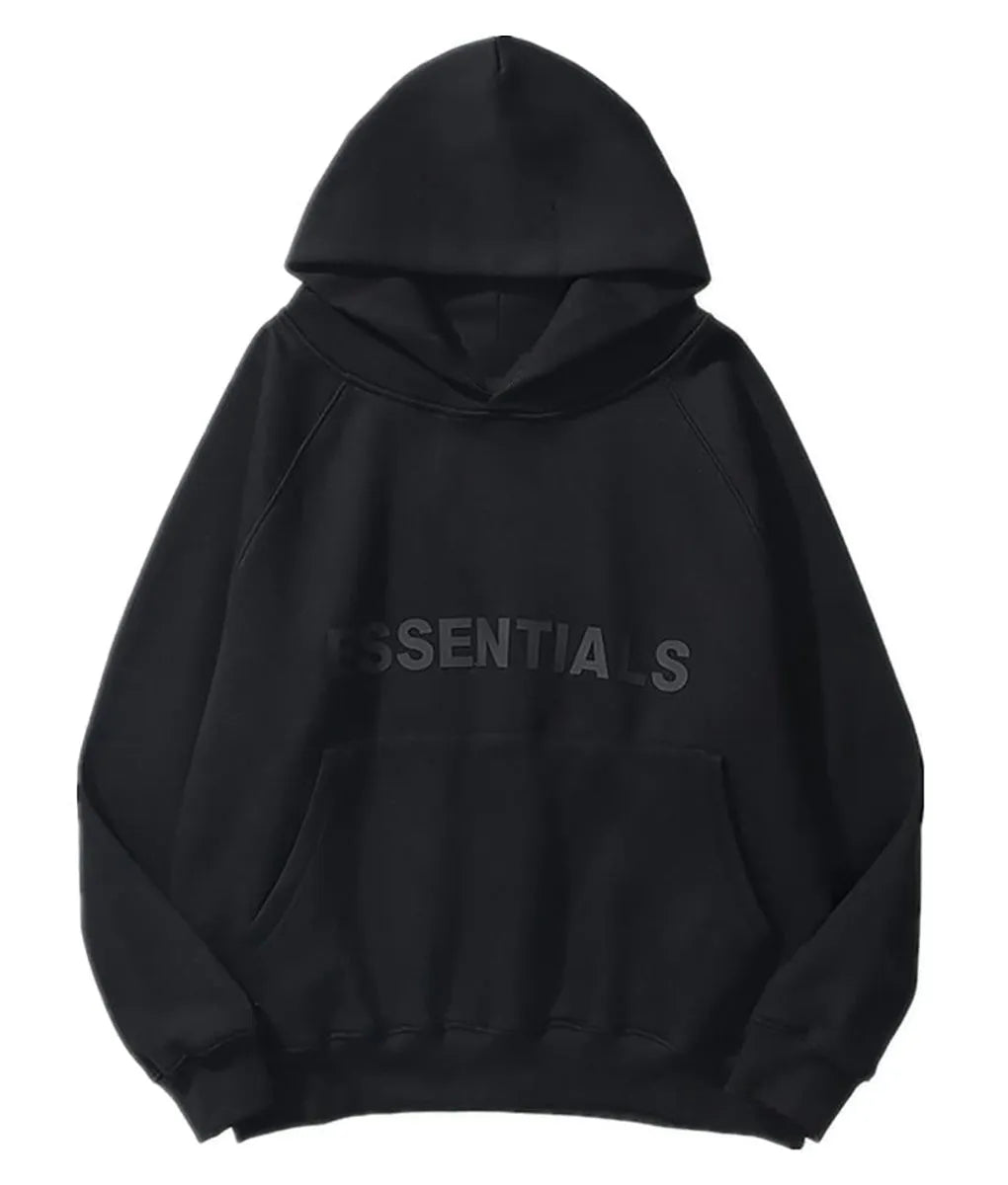 Front view of black hoodie, featuring 'ESSENTIALS' text
