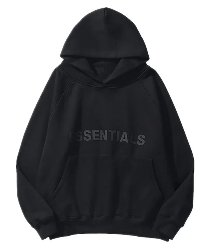 Front view of black hoodie, featuring 'ESSENTIALS' text