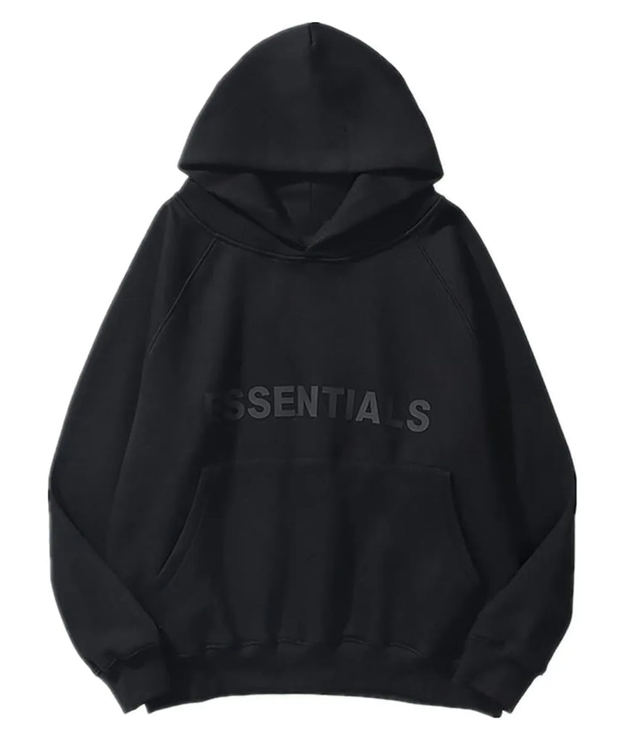 Front view of black hoodie, featuring 'ESSENTIALS' text