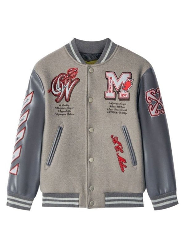 AC Milan Grey Letterman Varsity Jacket - Premium Wool Blend and Leather Sleeves