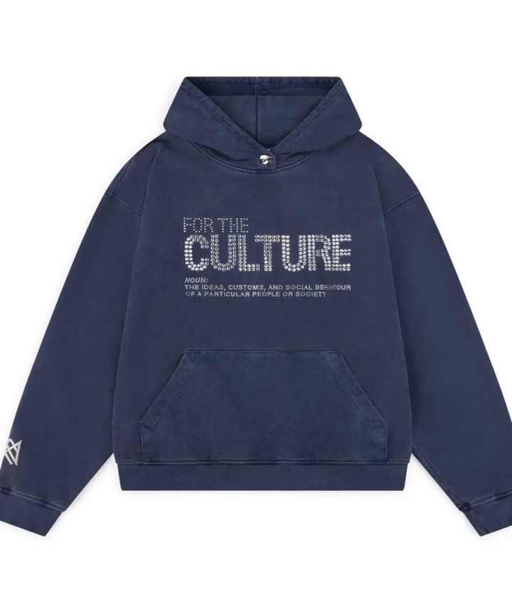 navy pullover hoodie featuring text 'FOR THE CULTURE'