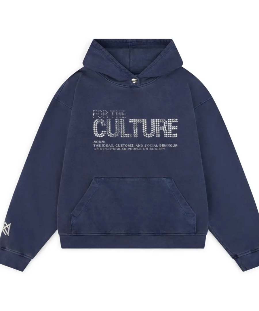 navy pullover hoodie featuring text 'FOR THE CULTURE'
