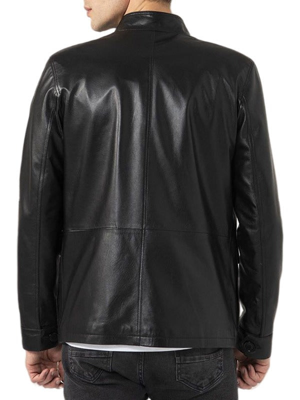 Mens Four Flap Pockets Black Leather Jacket