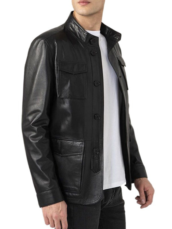 Mens Four Flap Pockets Black Leather Jacket