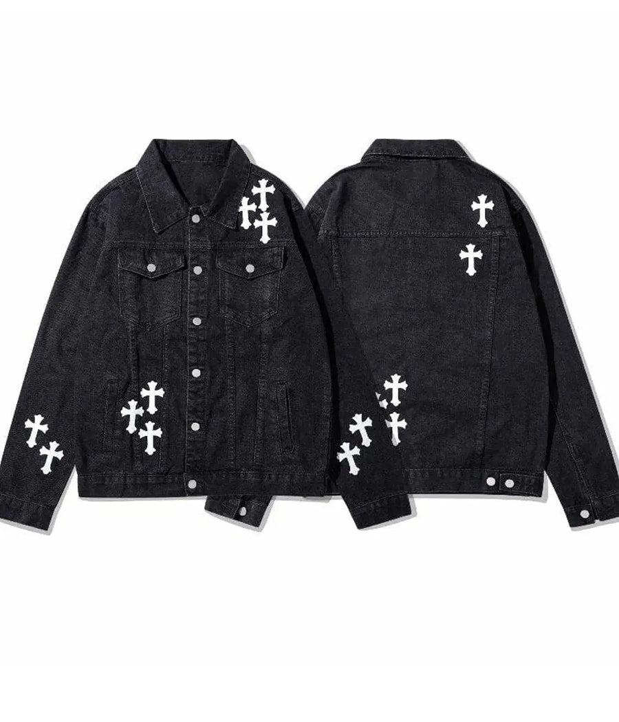 Front and back views of a black denim jacket featuring white cross