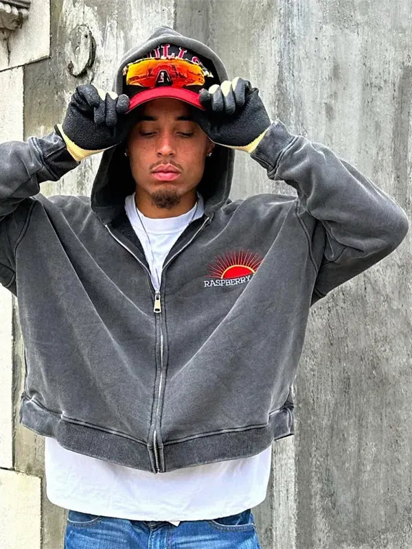  grey zip-up hoodie, featuring 'RASPBERRY HILLS' text 