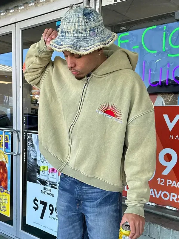  olive green zip-up hoodie, featuring 'RASPBERRY HILLS' text