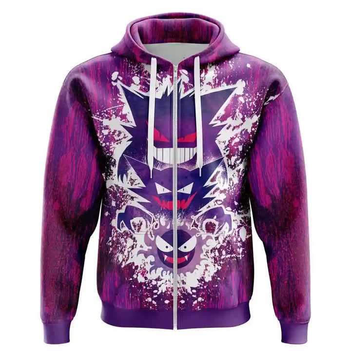 Purple full-zip hoodie featuring Gengar, Haunter, and Gastly 
