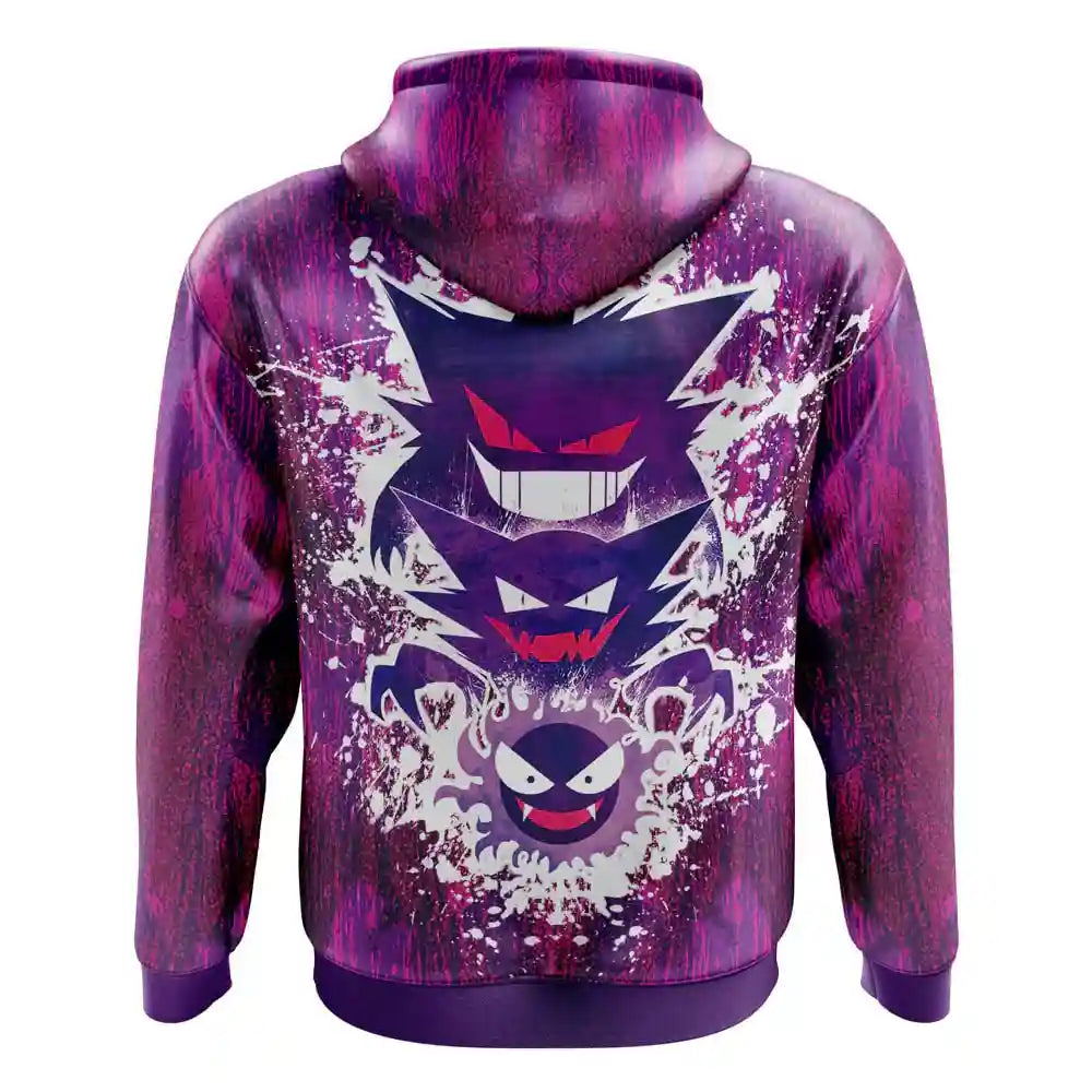 Back view of the purple zip-up hoodie featuring (Gengar, Haunter, and Gastly).