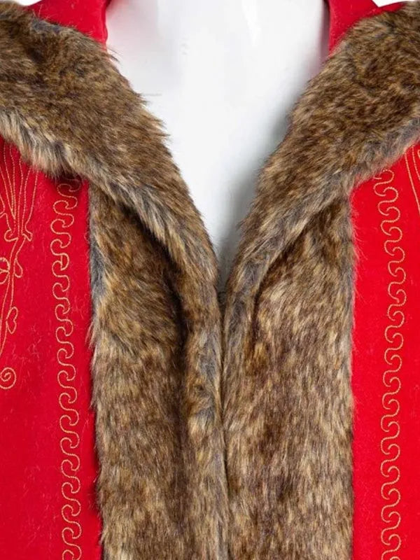 close-up of a red coat's collar, showing the thick brown fur trim