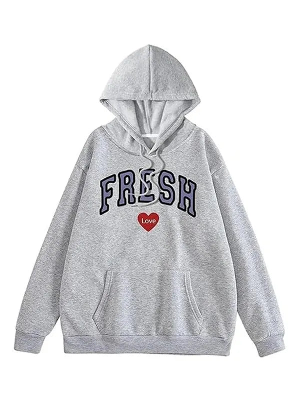 Front view of a gray pullover hoodie with text 'FRESH LOVE'.
