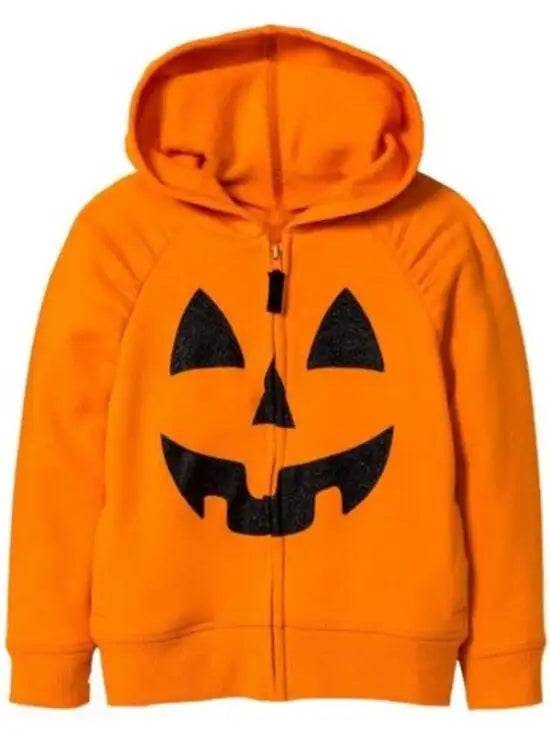 Orange full zip hoodie with a black embroidered jack-o'-lantern face