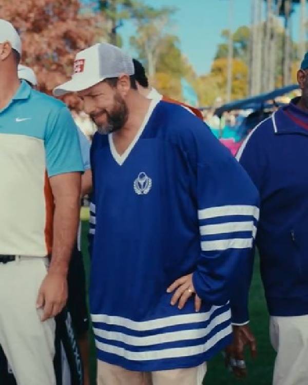 Man wearing a Happy Gilmore 2 Adam Sandler Blue Jersey jersey with white stripes in an outdoor setting