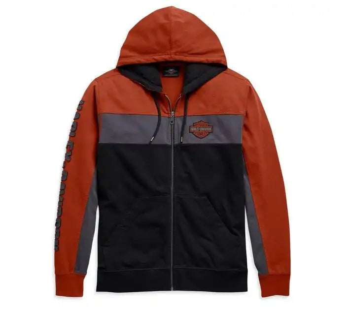 Orange, gray, and black color-block  hoodie with a Harley-Davidson logo