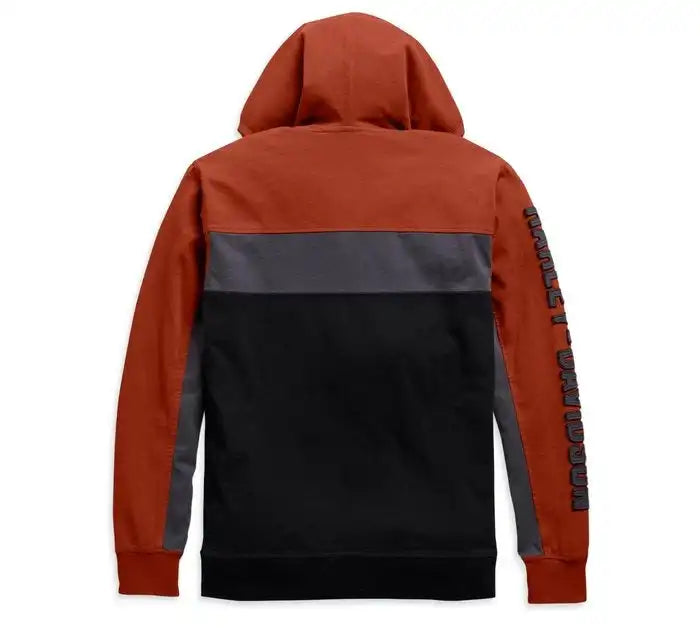 Back view of the orange, gray, and black  hoodie with 'HARLEY-DAVIDSON