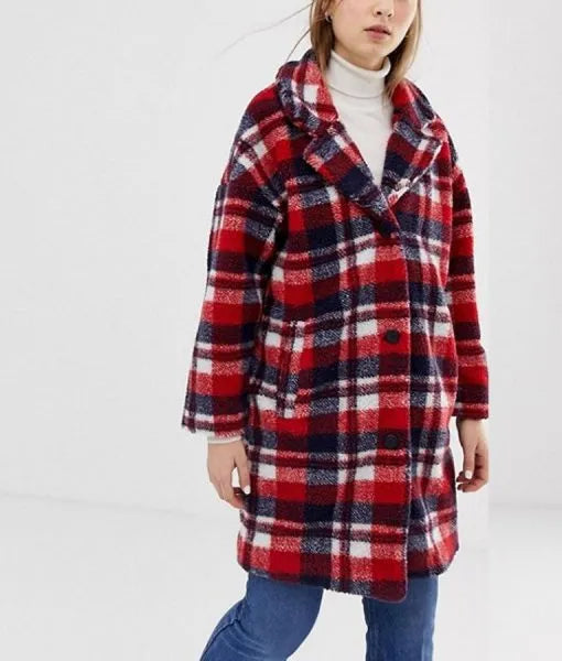 Front View Of oversized coat in a red, white, and navy blue plaid pattern