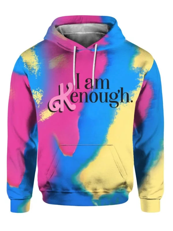Bright pink, blue, and yellow tie-dye pullover hoodie with text 'I am Kenough.'