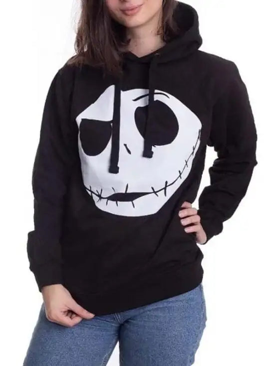 Front View black pullover hoodie featuring Jack Skellington's face.