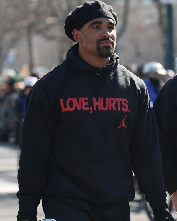 Jalen hurts wearing black love hurts hoodie back