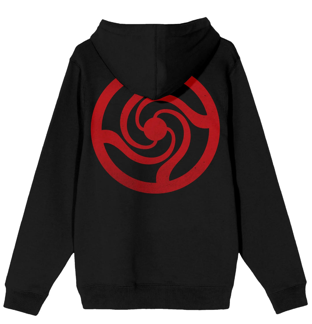 Jujutsu Kaisen hoodie with a red spiral design on the back against a white background