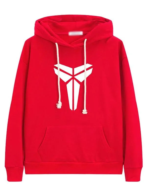 Front view of red pullover hoodie with 'Mamba' logo