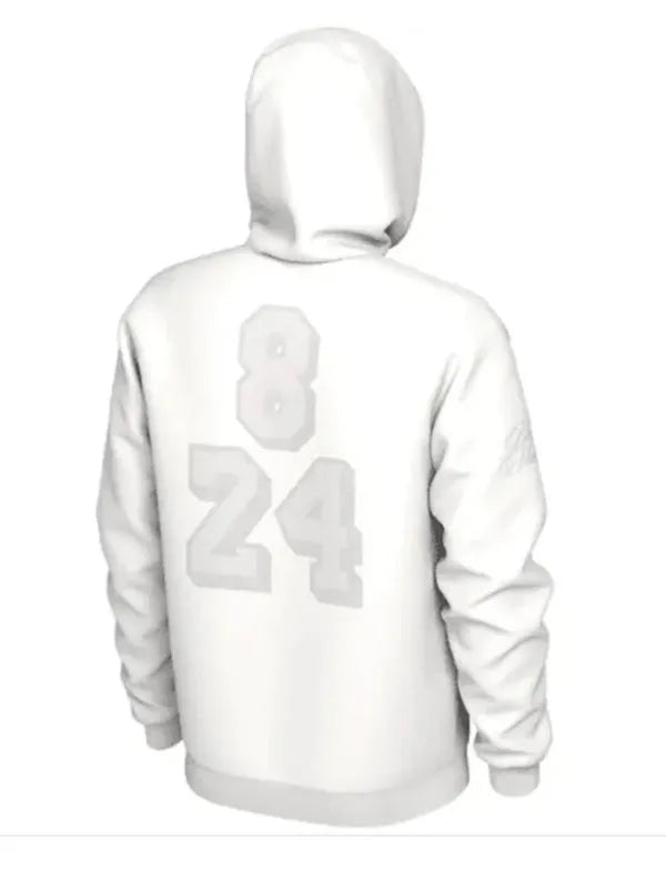 Back view of a white hoodie with numbers '8' and '24'