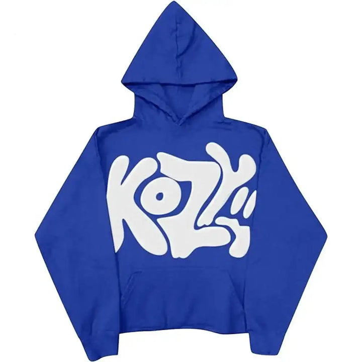 Front view of blue pullover hoodie, featuring 'KOZY' text