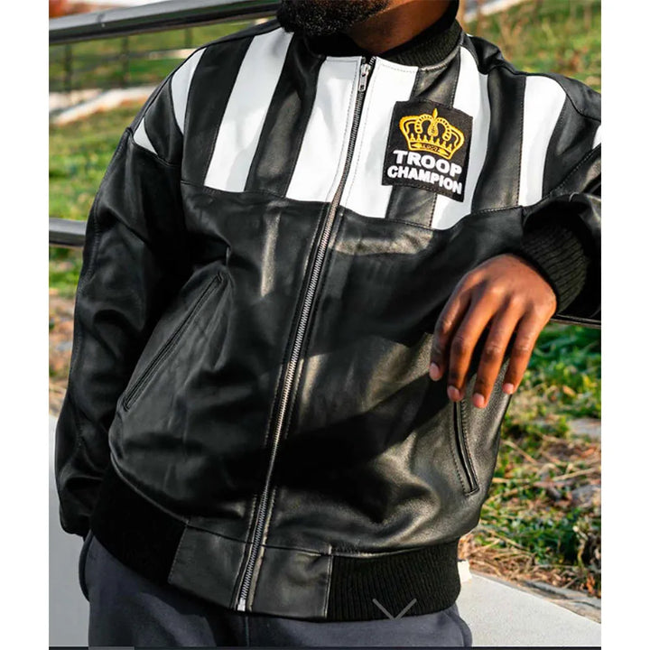 Front View Of LL Cool J Troop Champion Black Bomber Leather Jacket