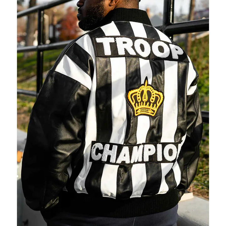 LL Cool J Troop Champion Black Leather Jacket back, featuring black and white vertical stripes