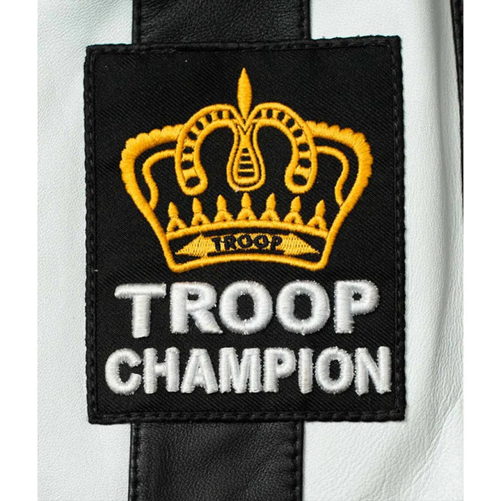 LL Cool J Troop Champion Leather Jacket front view, black and white stripes