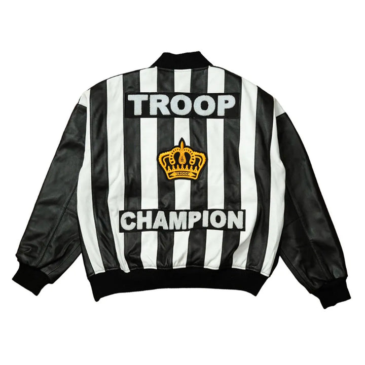 LL Cool J Troop Champion Leather Jacket back view, with "TROOP CHAMPION" text